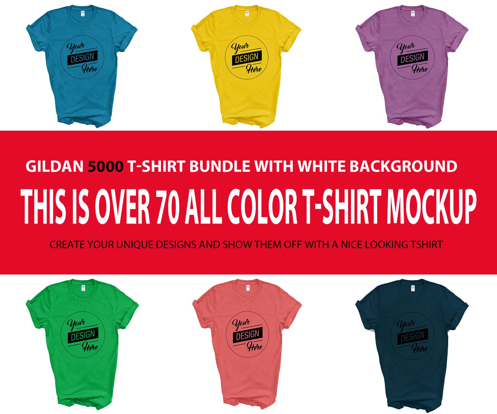 Gildan 5000 Unisex T-Shirt Mockup Mega Bundle White Backdrop