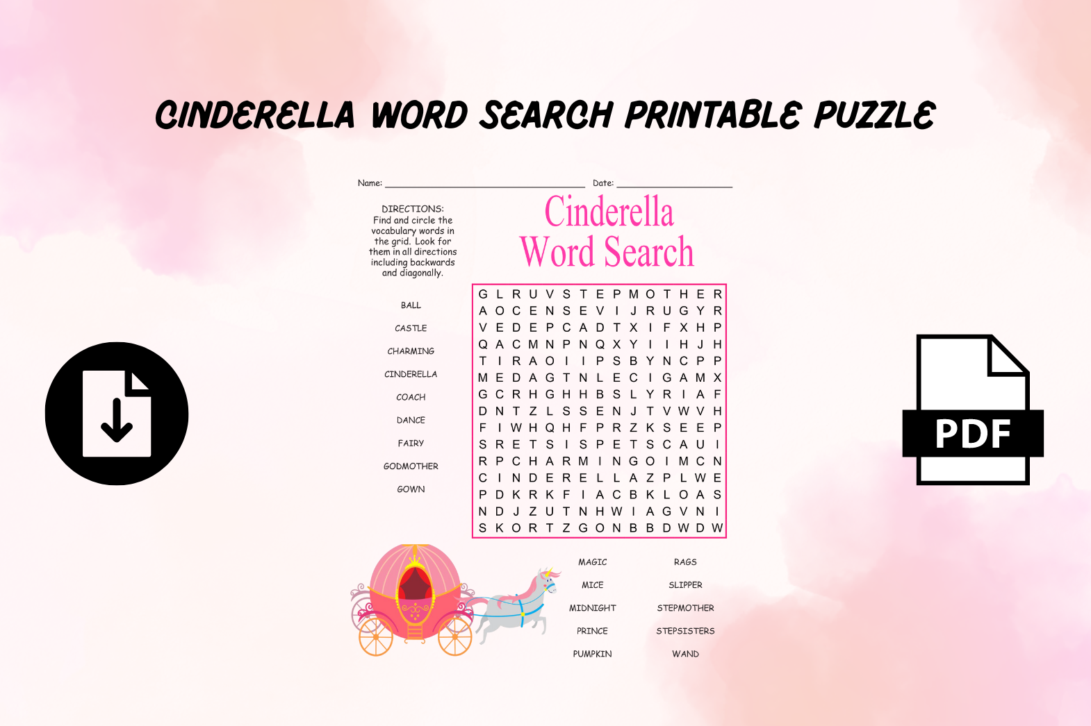 Cinderella Word Search Printable Puzzle