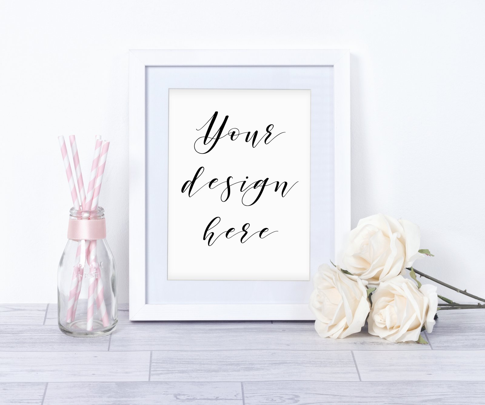 White A4 Frame Mockup With Roses Pink Straws